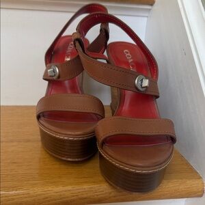 Coach Brown Leather Platform Sandals with Red Insole Accent